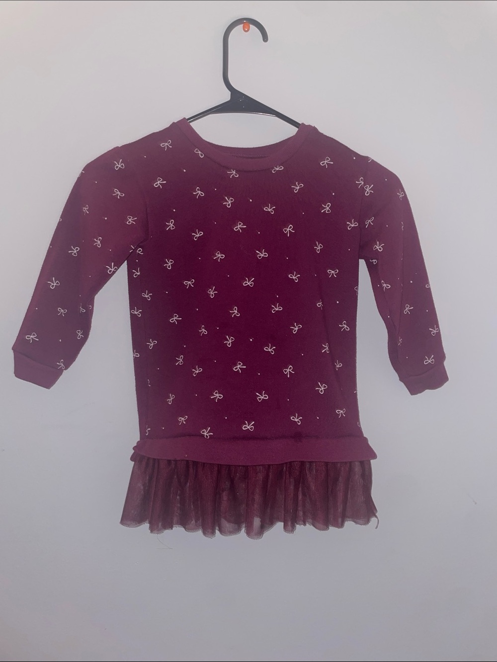 Girls Maroon Bow-Print Long Sleeve Top with Tulle Hem